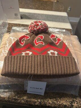 Coach Sable Multi Fair Isle Print Knit Beanie With Pom